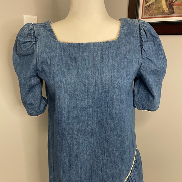 St Barth's Denim Ruffle Puff Sleeve Vintage Womens Dress Size 7/8 80s 90s - Picture 2 of 10